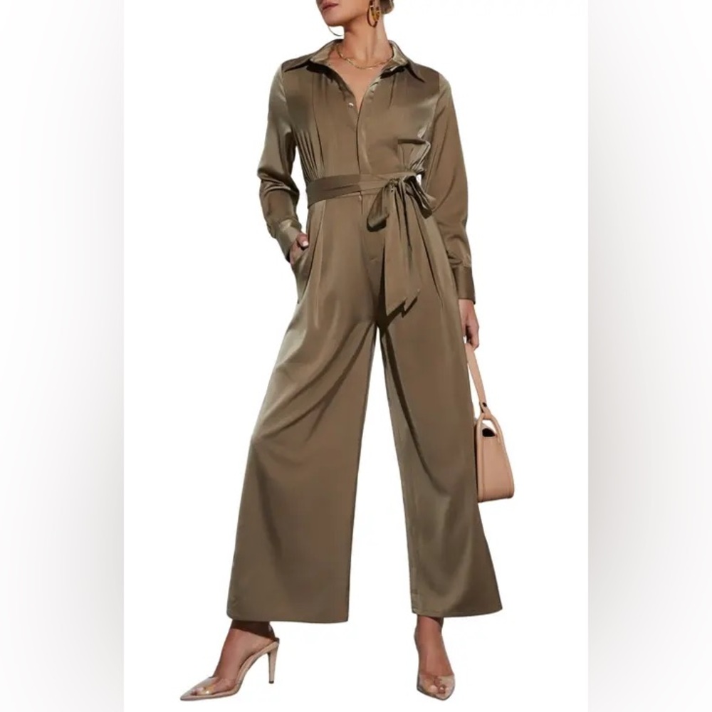VICI "Pull It Together" palazzo belt Satin button long sleeve Jumpsuit gold tan